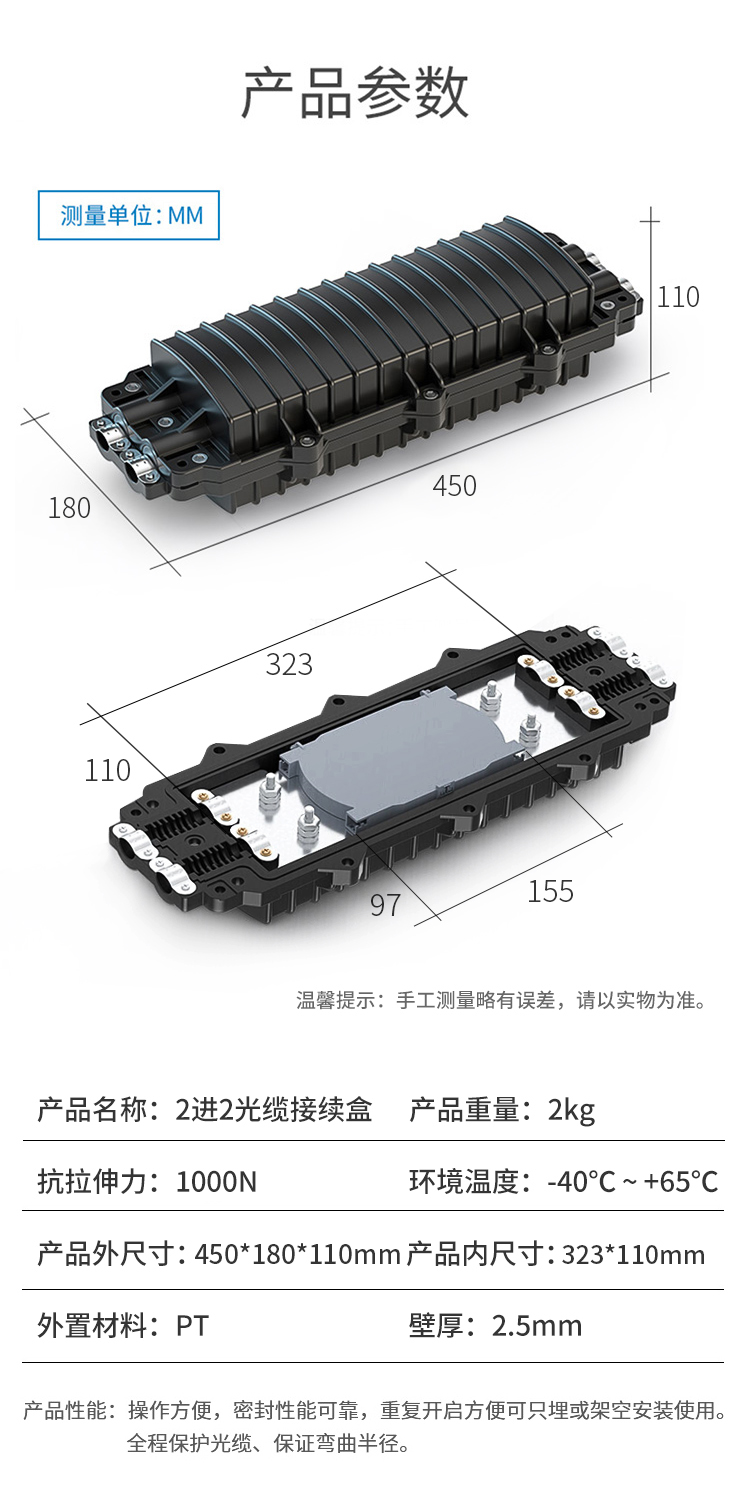 2进2出卧式光缆接头盒 熔接包 光纤接续盒 对接包 室外防水 黑色_http://www.haile-cn.com.cn_布线产品_第7张