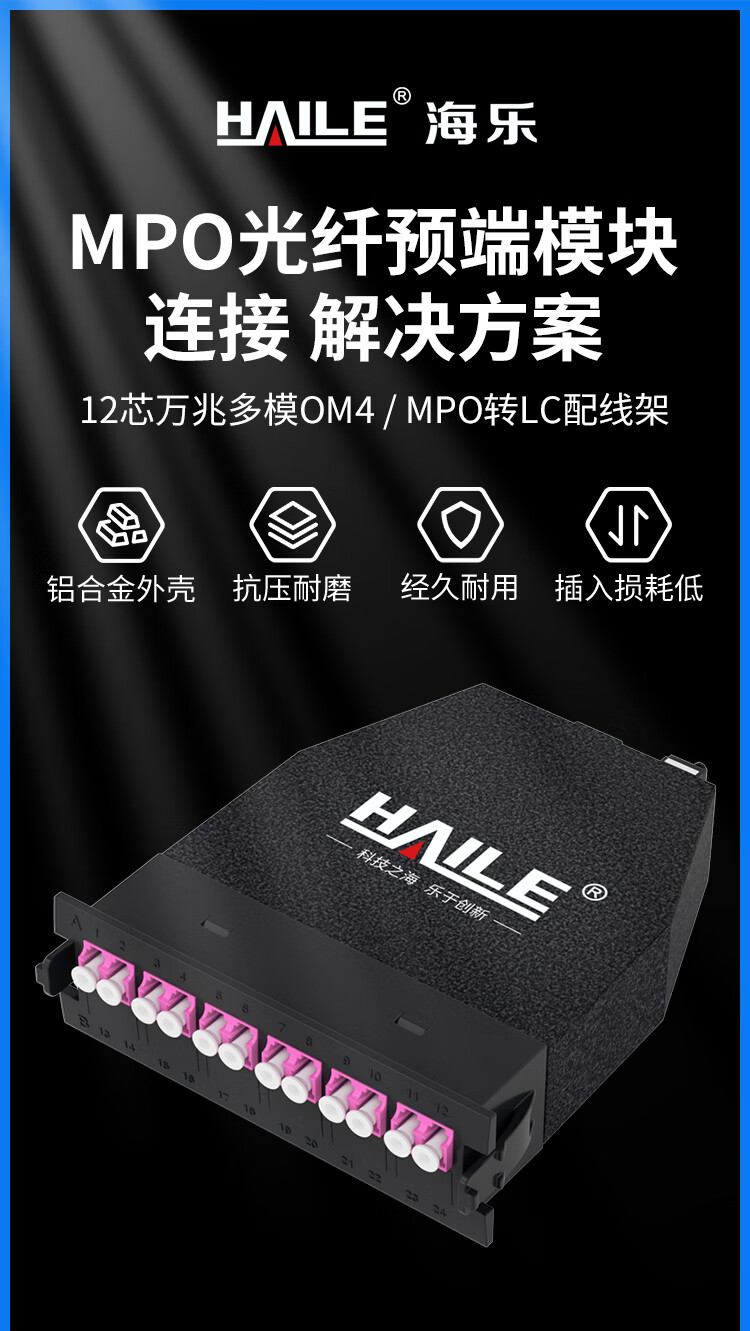 MPO光纤预端模块 12芯万兆多模OM4 MPO转LC配线架盒子_http://www.haile-cn.com.cn_布线产品_第1张