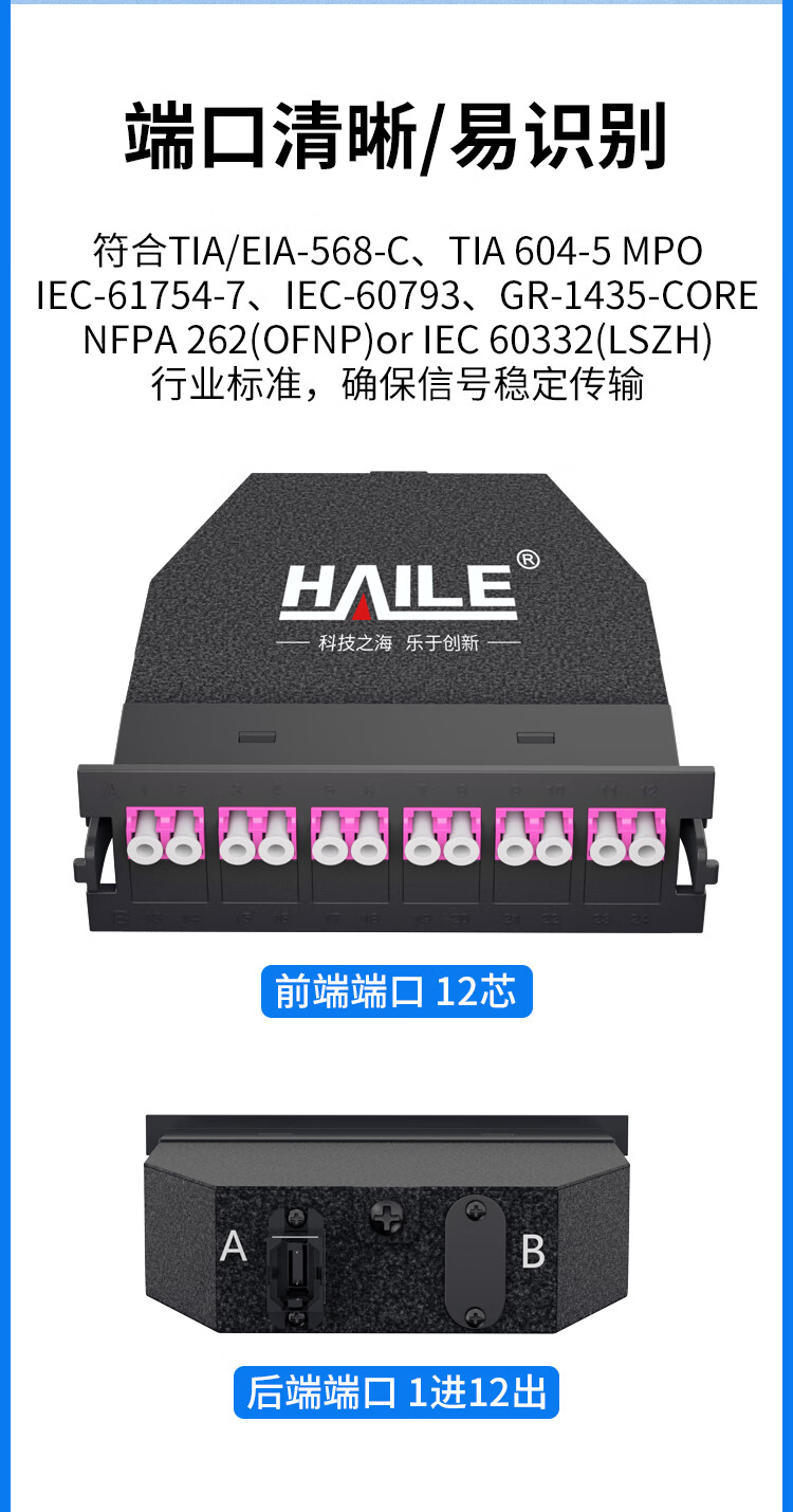 MPO光纤预端模块 12芯万兆多模OM4 MPO转LC配线架盒子_http://www.haile-cn.com.cn_布线产品_第3张