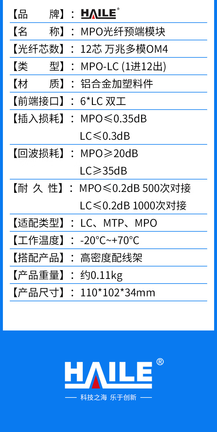 MPO光纤预端模块 12芯万兆多模OM4 MPO转LC配线架盒子_http://www.haile-cn.com.cn_布线产品_第7张