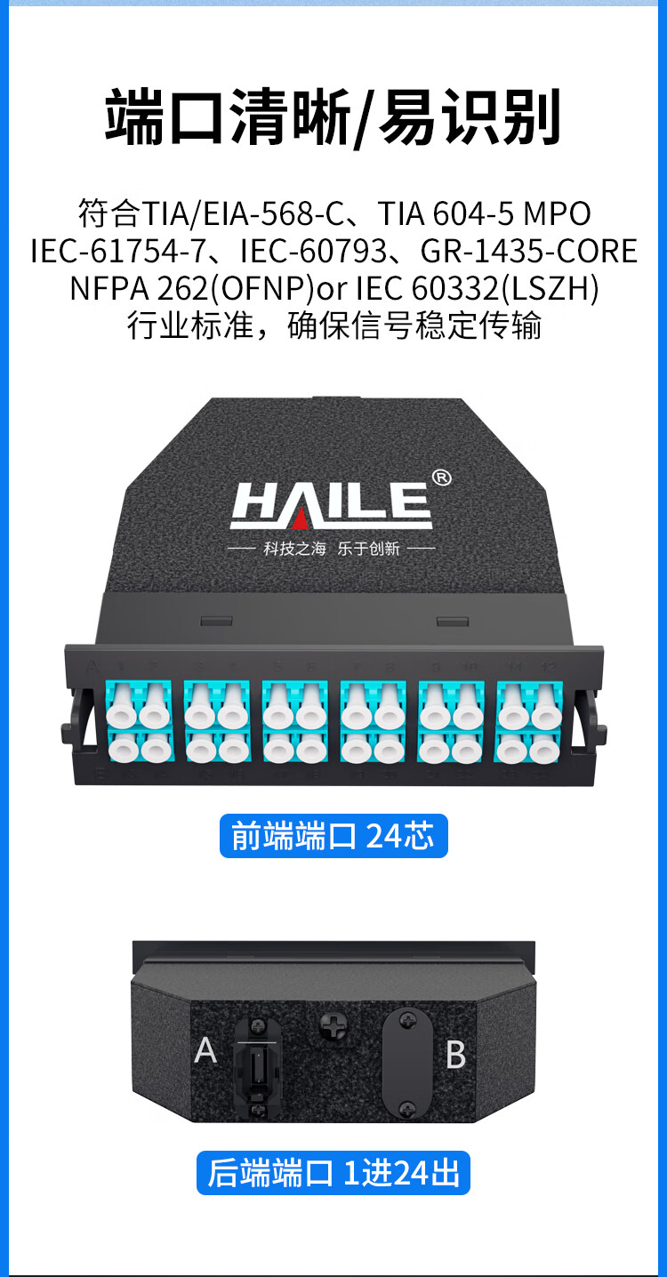 MPO光纤预端模块 24芯万兆多模OM3 MPO转LC配线架盒子1进24出_http://www.haile-cn.com.cn_布线产品_第3张