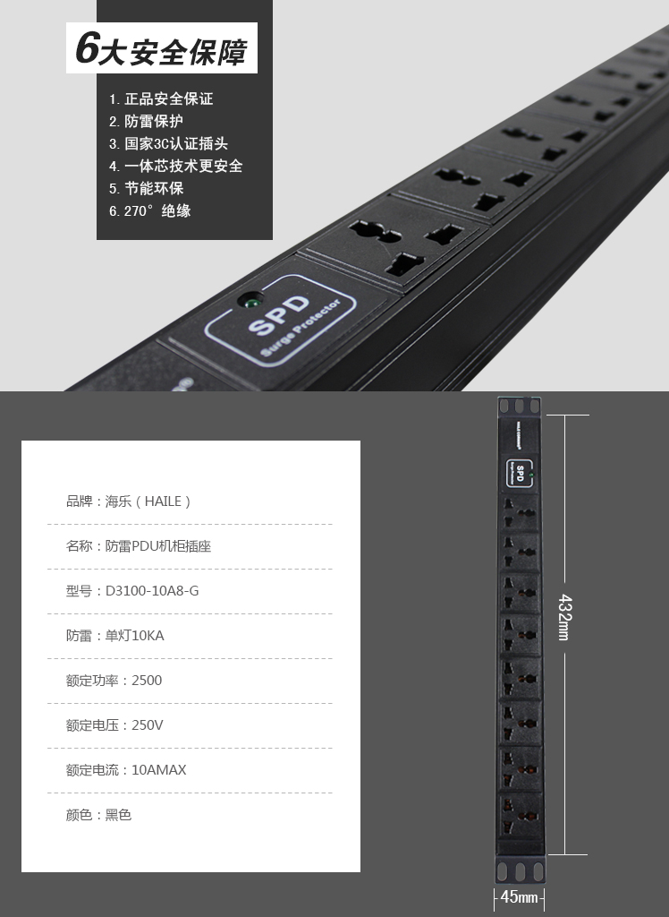 工业级机柜PDU 10A8位250V 电源插座板 防雷防浪涌接线板/插排插线板 2500W2米 D3100-10A8-G_http://www.haile-cn.com.cn_布线产品_第8张