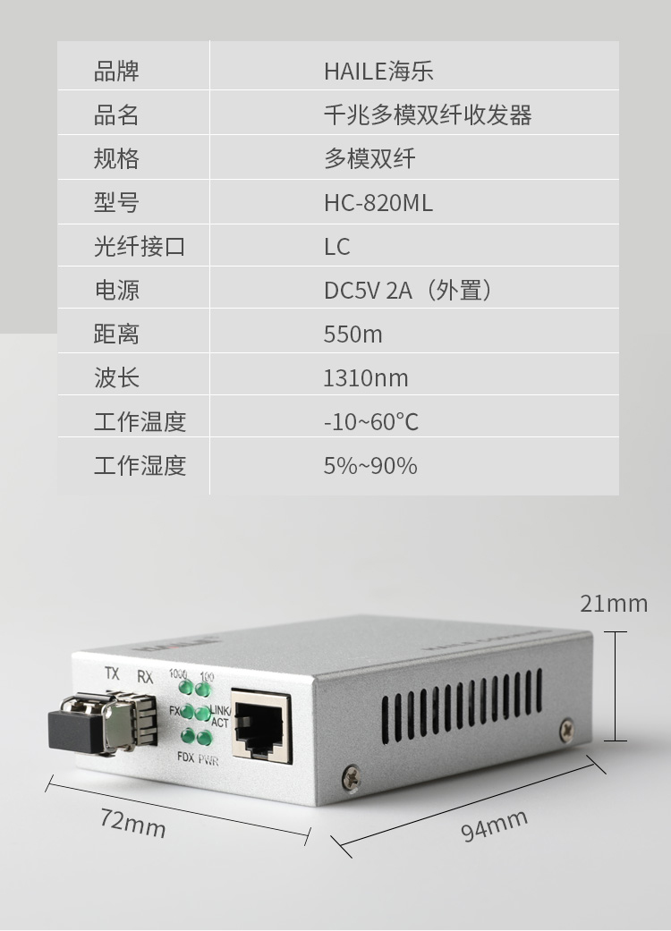 光纤收发器电信工程级 SFP千兆多模双纤一光一电传输距离550m LC口光电转换器 1台 HC-820ML_http://www.haile-cn.com.cn_商业级交换机_第3张